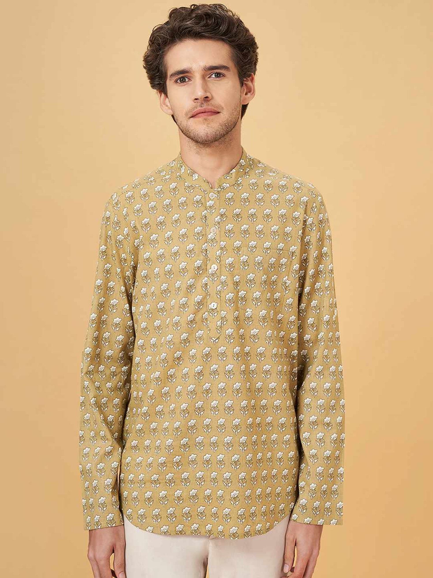 Indus Route By Pantaloons Honey Mustard Cotton Regular Fit Printed Short Kurta