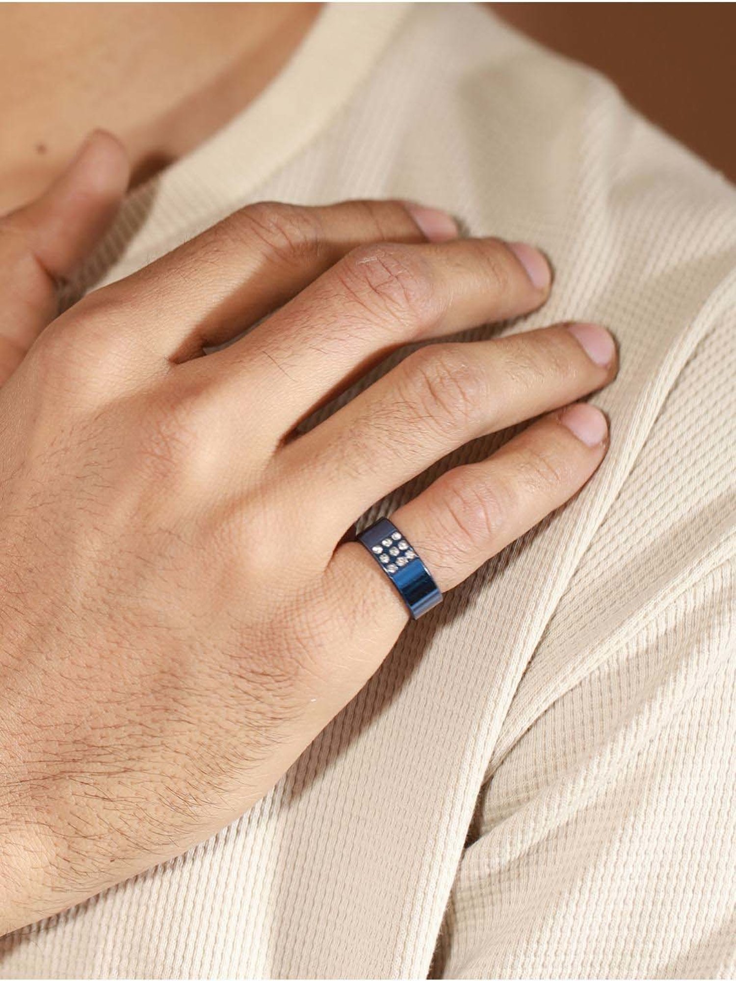 Bold by Priyaasi Blue AD Studded Band Style Ring for Men