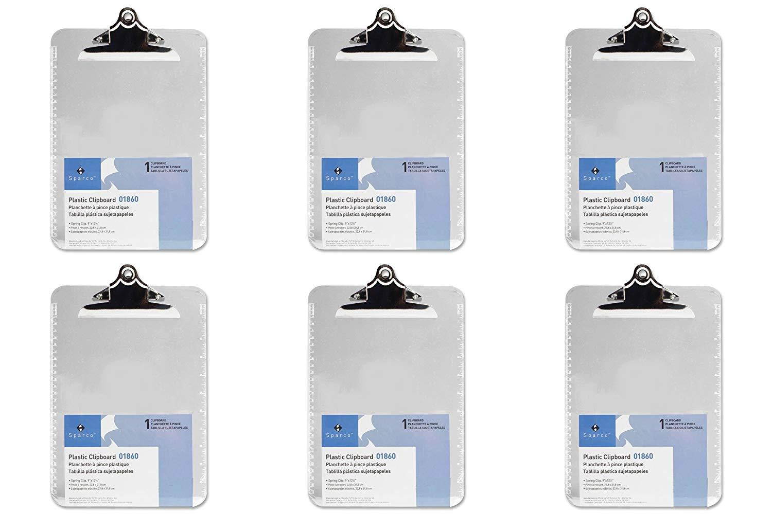 Sparco Transparent Plastic Clipboard, 9 x 12-1/2 Inches, Clear (SPR01860), 6 Packs