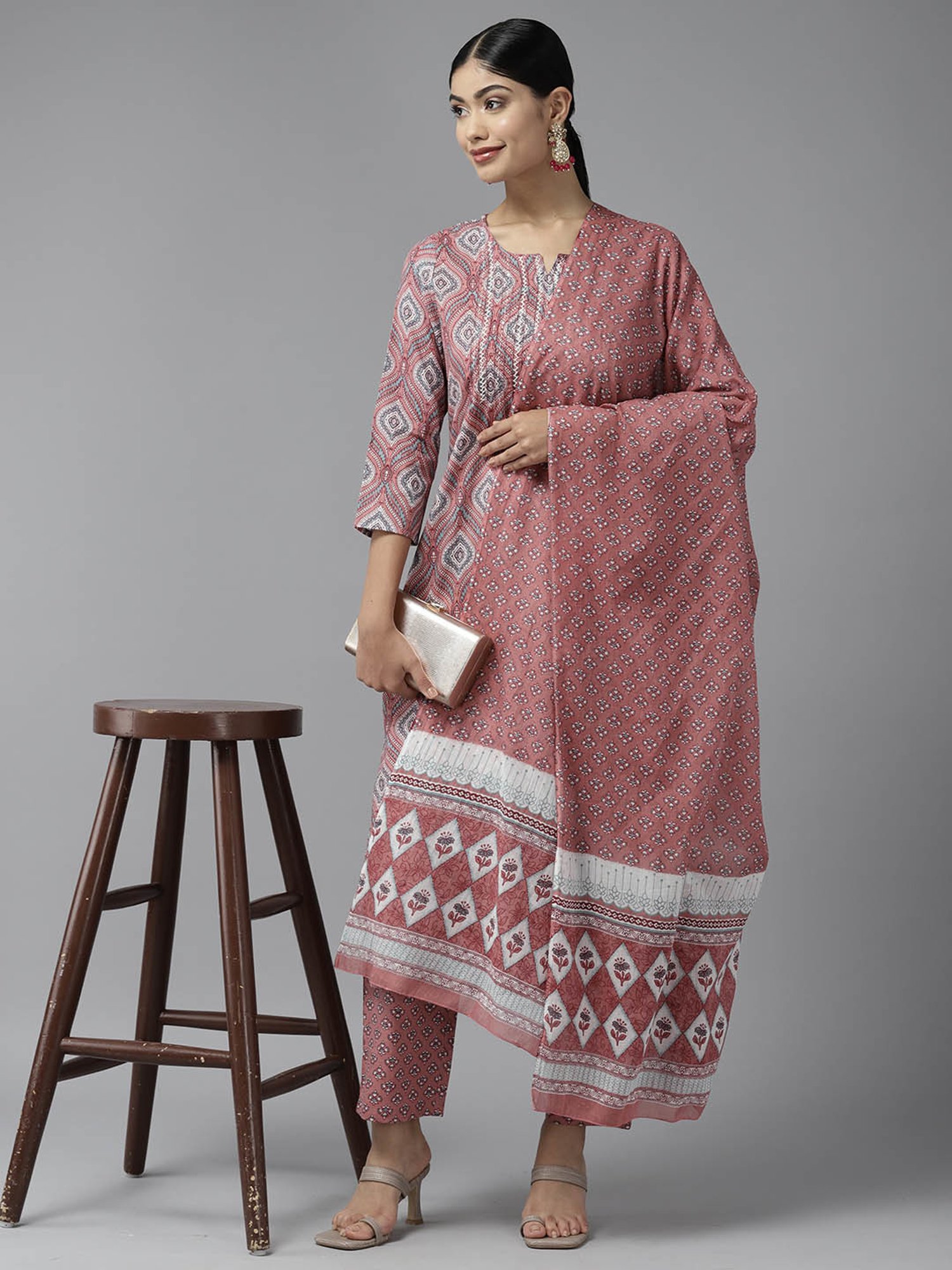Prakrti Rust Cotton Printed Kurta With Pant & Dupatta