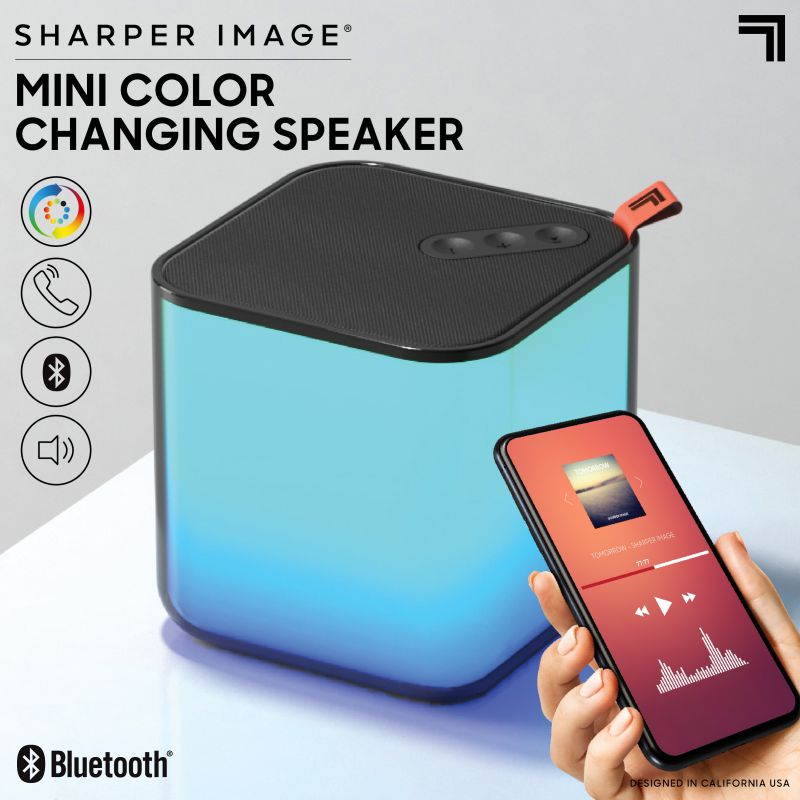 sharper image mini color changing speaker, sync to smartphone or tablet with bluetooth, impressive sound quality, stream 4 hour