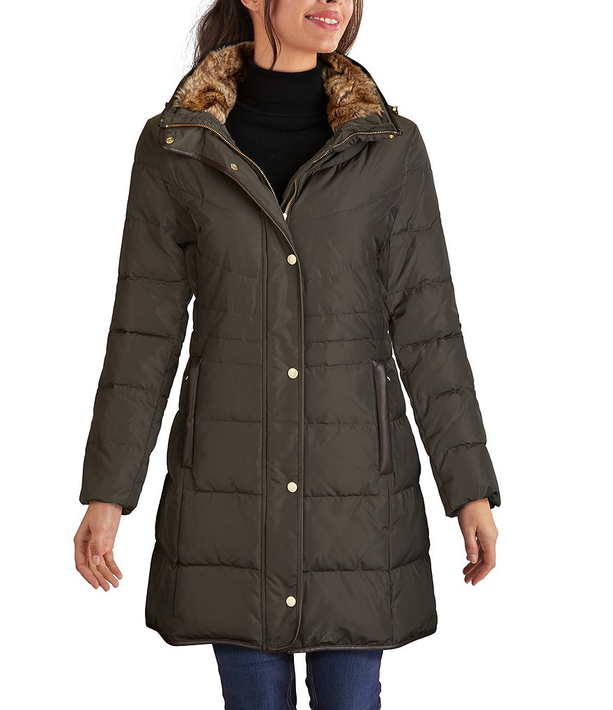 Kenneth Cole New York Short Water-Resistant Stand Collar Hooded Long Sleeve Chevron Puffer Jacket