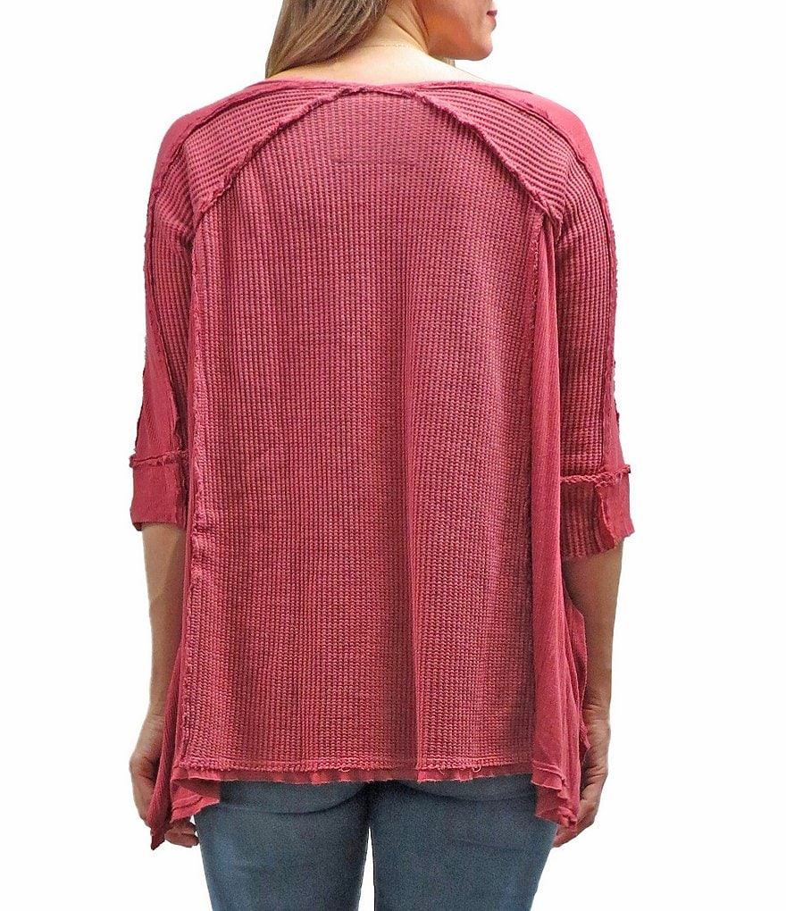 Karyn Seo Arden Embroidered Waffle Knit V-Neck 3/4 Sleeve Top