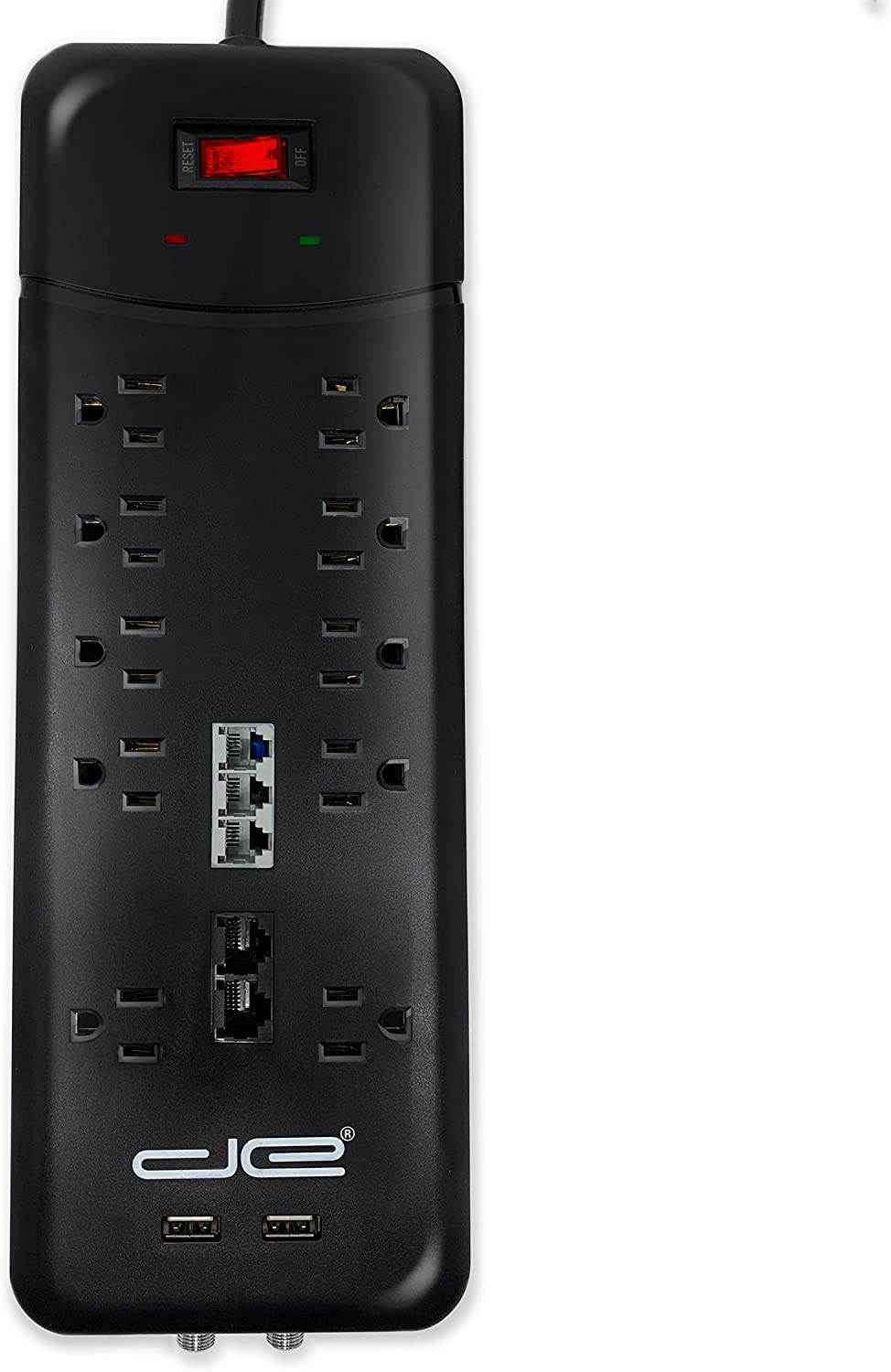 Digital Energy 15-ft Heavy Duty 10-Outlet 3500 Joules Surge Protector Power Strip, 15 Foot Long Extension Cord, Two USB Charging Ports, Coaxial, Phone Protection, ETL Listed. 15 AMP, Black