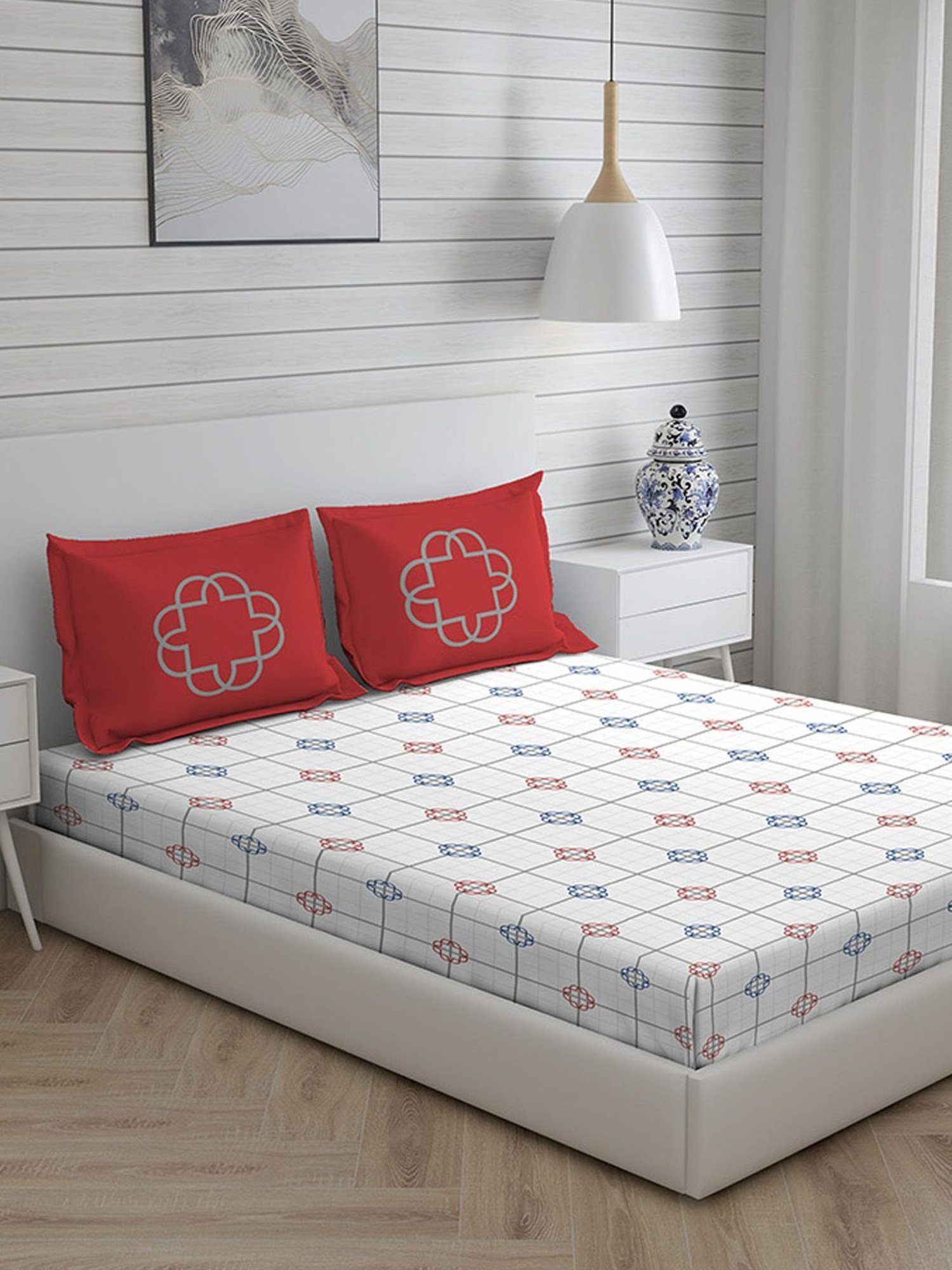 Boutique Living Signature Geometric Grey 300 TC Cotton King Bed Sheet with 2 Pillow Covers