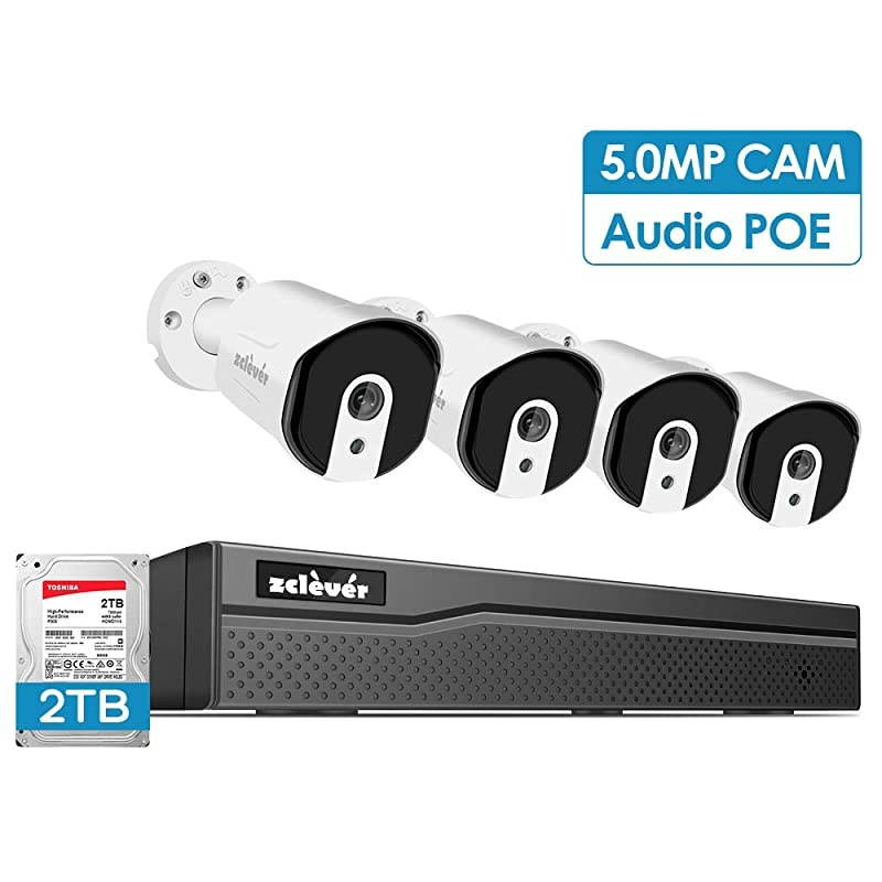 Audio]  5MP PoE Security Camera System, 8 Channel Surveillance Camera System NVR with 2TB Hard Drive, 4pcs 5MP (2592x1944P) HD PoE IP Security Cameras, 24/7 Recording, 120ft IR Night Vision
