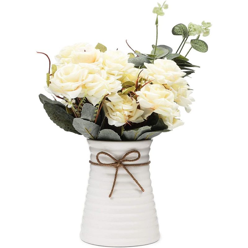Farmlyn Creek 4-Piece Artificial White Roses Flowers with Ceramic Pot Vase