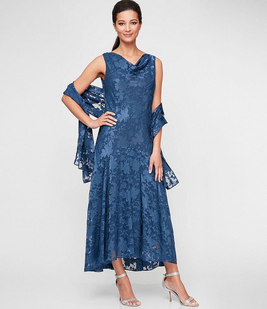 Alex Evenings Sleeveless Cowl Neck Floral Satin Burnout Dress