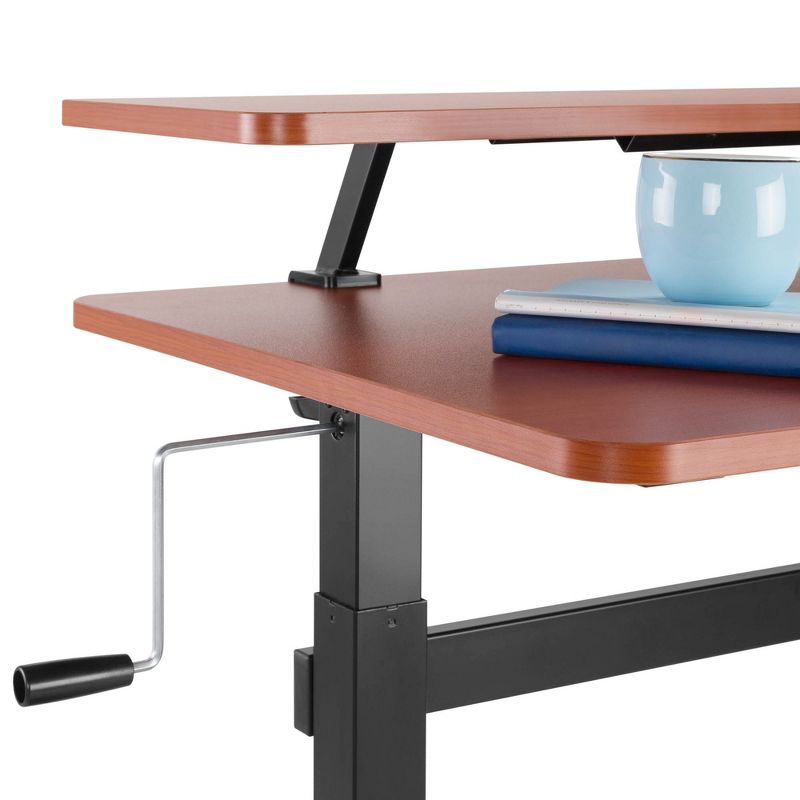 Tranzendesk Standing Desk with Clamp-On Shelf - 55" Sit to Stand Workstation with 55" Monitor Stand - Cherry - Stand Steady