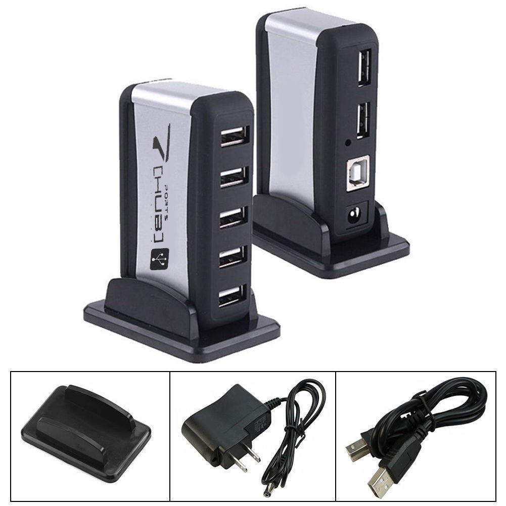 High Speed 7 Port USB 2.0 Hub Splitter with AC Power Adapter EU/US/UK Plug 480Mbps for Desktop Laptop PC Computer