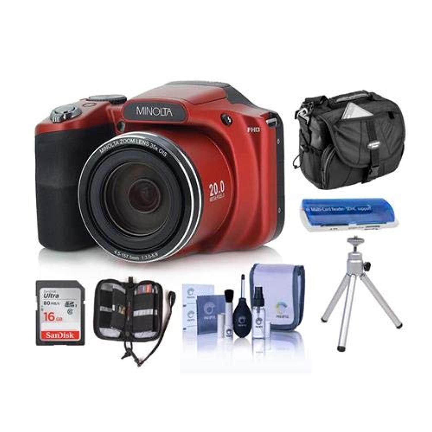 minolta m35z 20mp 1080p hd bridge digital camera with 35x optical zoom, red - bundle with camera case, 16gb sdhc card, memory w