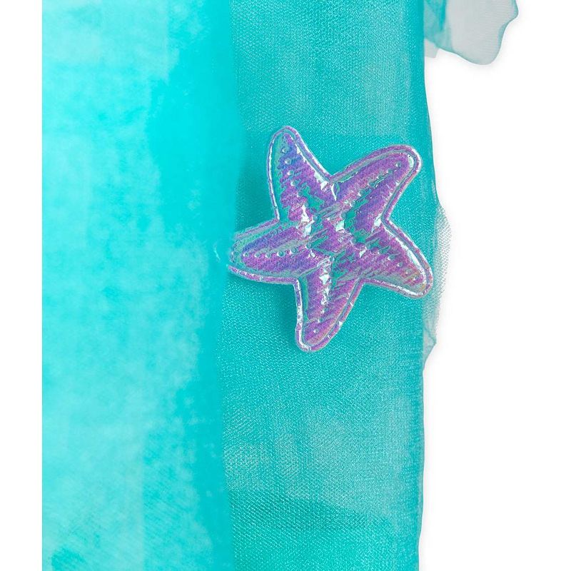 HearthSong Mermaid Blue Scalloped Gauze Canopy with LED Lights and Decorative Appliqu'e Shells and Starfish