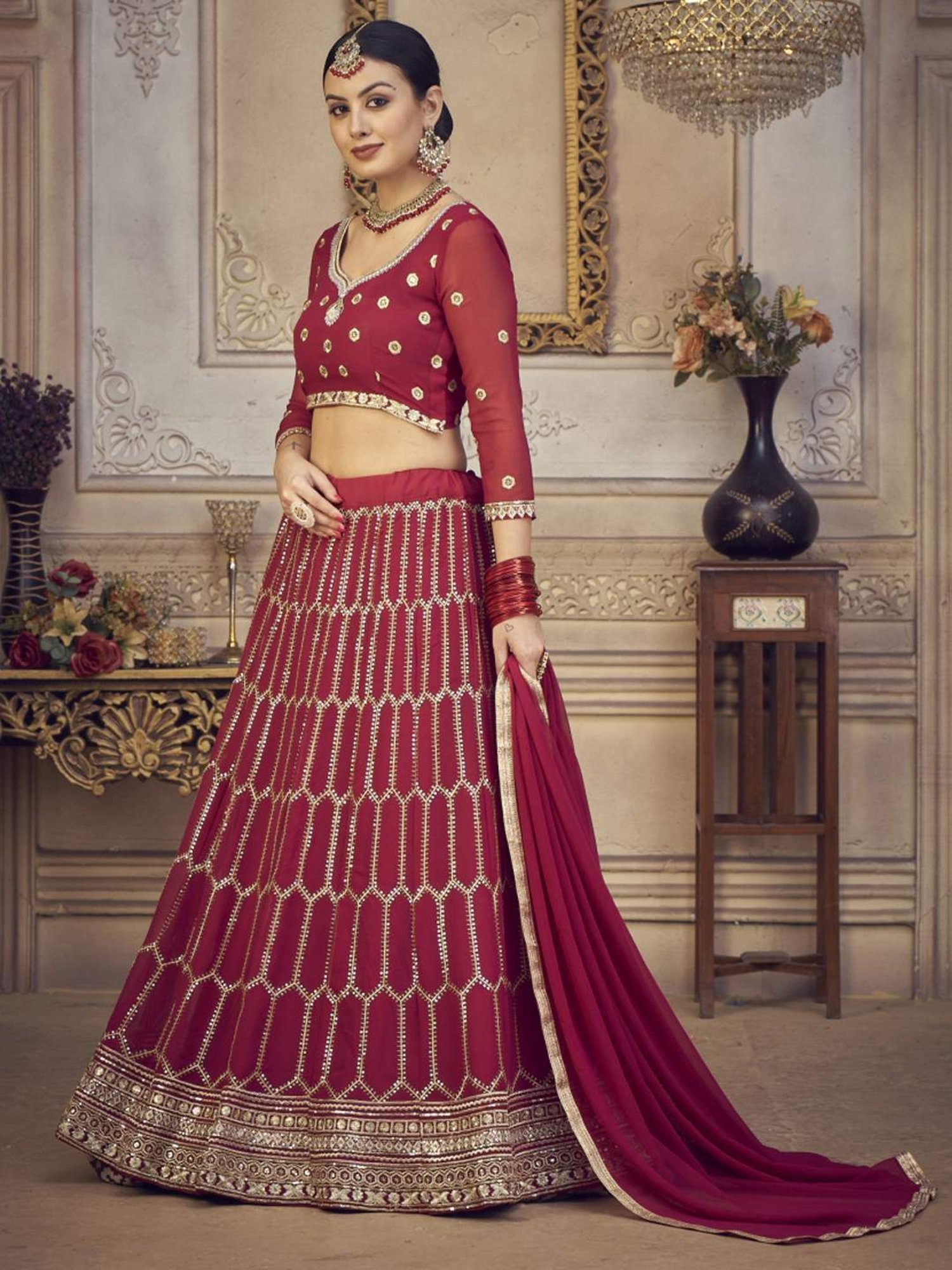 Warthy Ent Maroon Embellished Semi Stitched Lehenga Choli Set With Dupatta