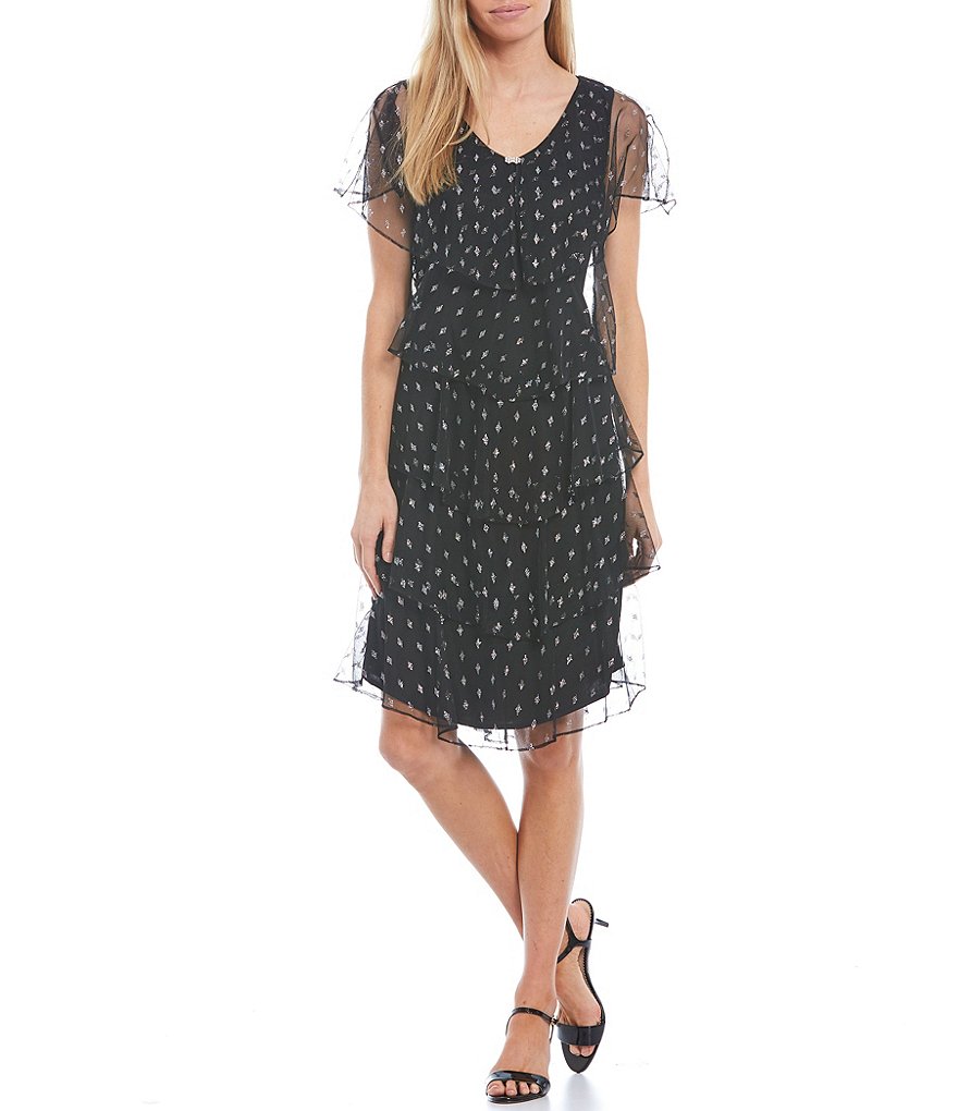 Ignite Evenings Metallic Dot V-Neck Short Sleeve Tiered Sheath Dress