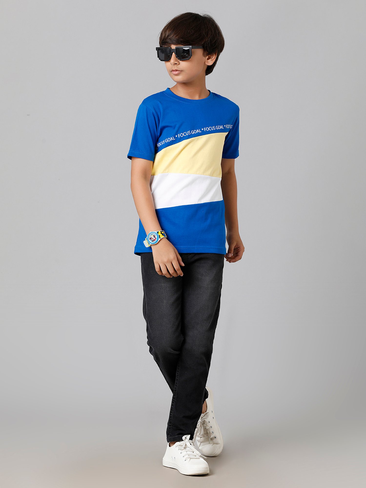 Under Fourteen Only Kids Blue Color Block T-Shirt