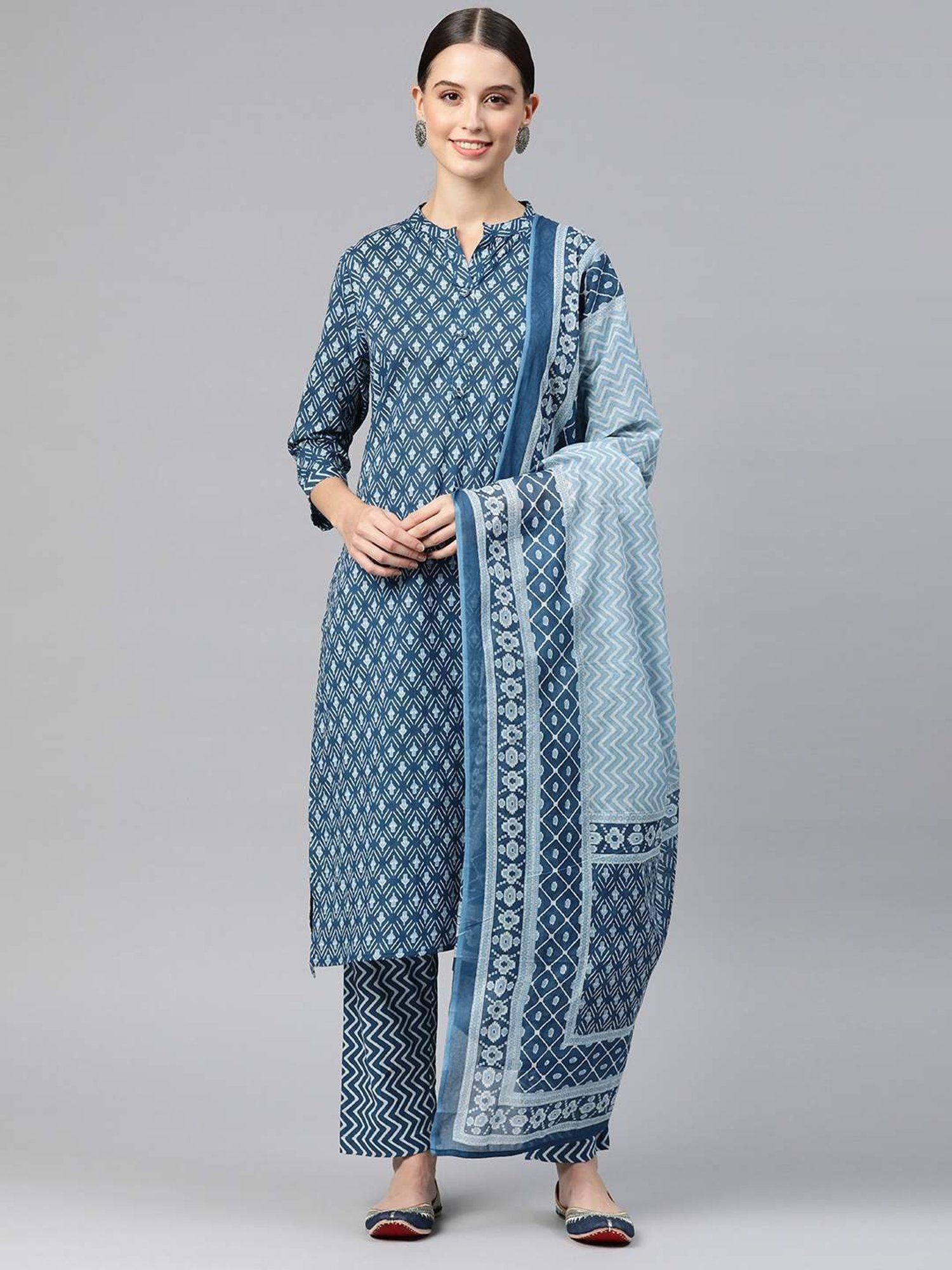 READIPRINT FASHIONS Blue Cotton Printed Kurta Pant Set With Dupatta