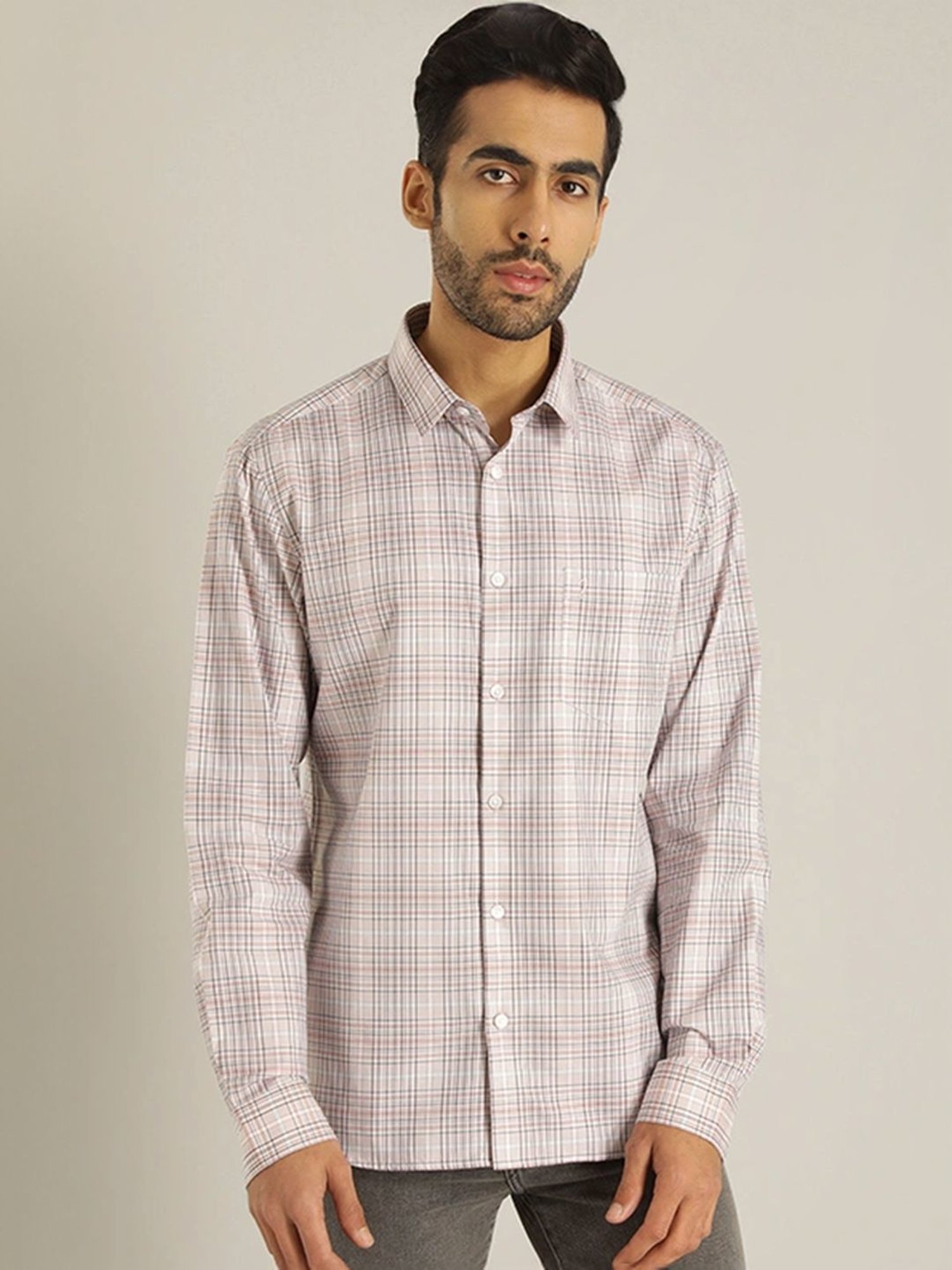 Indian Terrain Pale Pink Slim Fit Checks Shirt