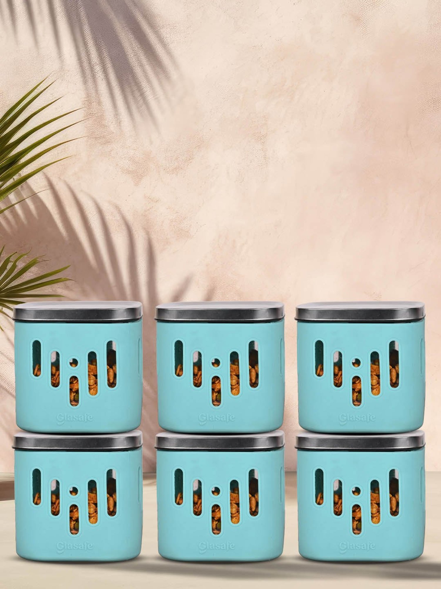 Glasafe 'O' Grip Mellow Green Borosilicate Containers - Set of 6 (600ml)