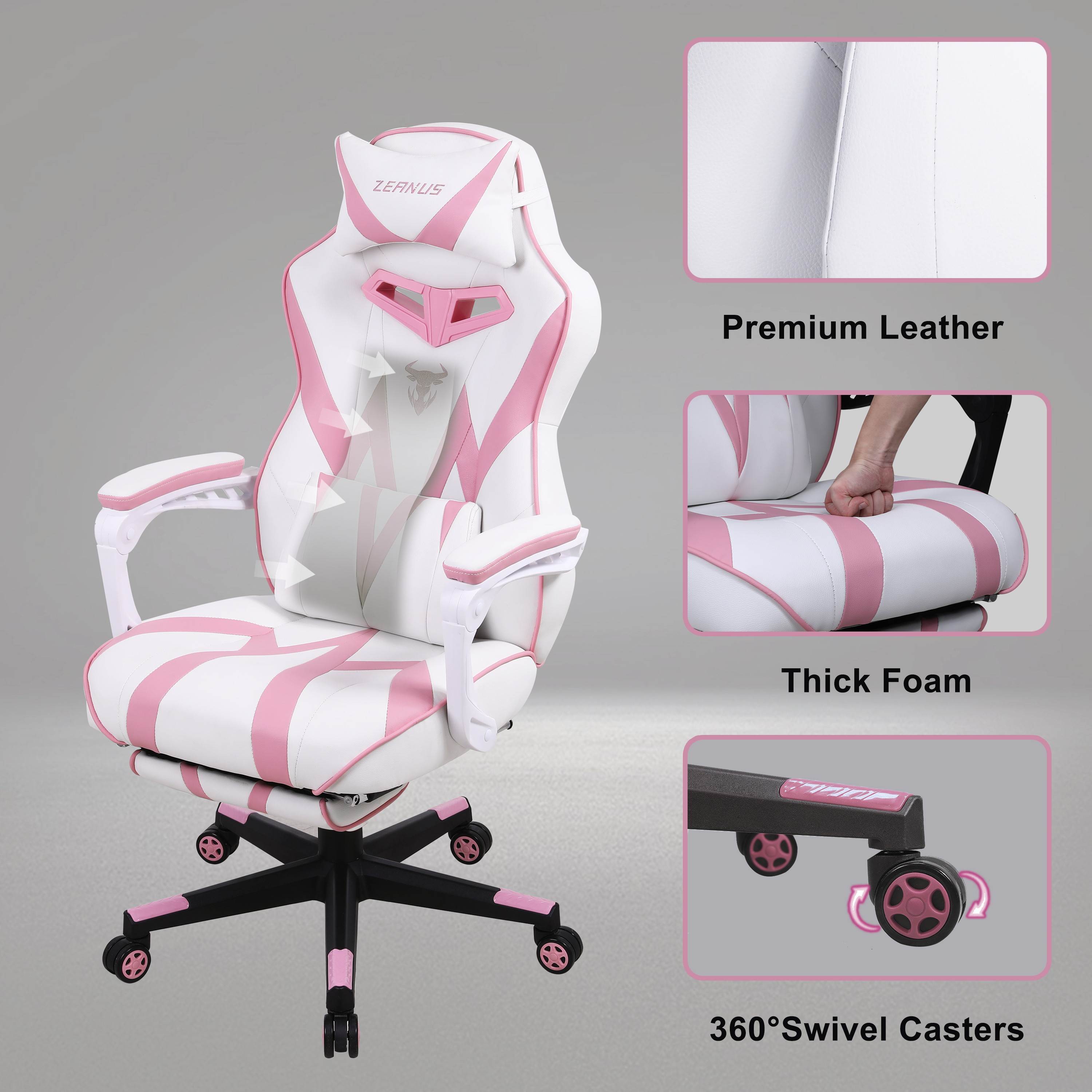 Zeanus Pink Ergonomic Gaming Chair for Girl, Gaming Chair with Footrest, Gaming Chair for Adults, High Back Racing Chair, Computer Chair with Massage, E-Sports Gamer Chair, Big and Tall Gaming Chair