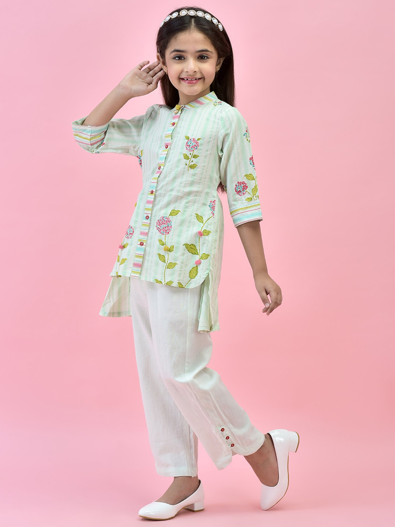Juniper Girls Green Floral Print Shirt With Pants
