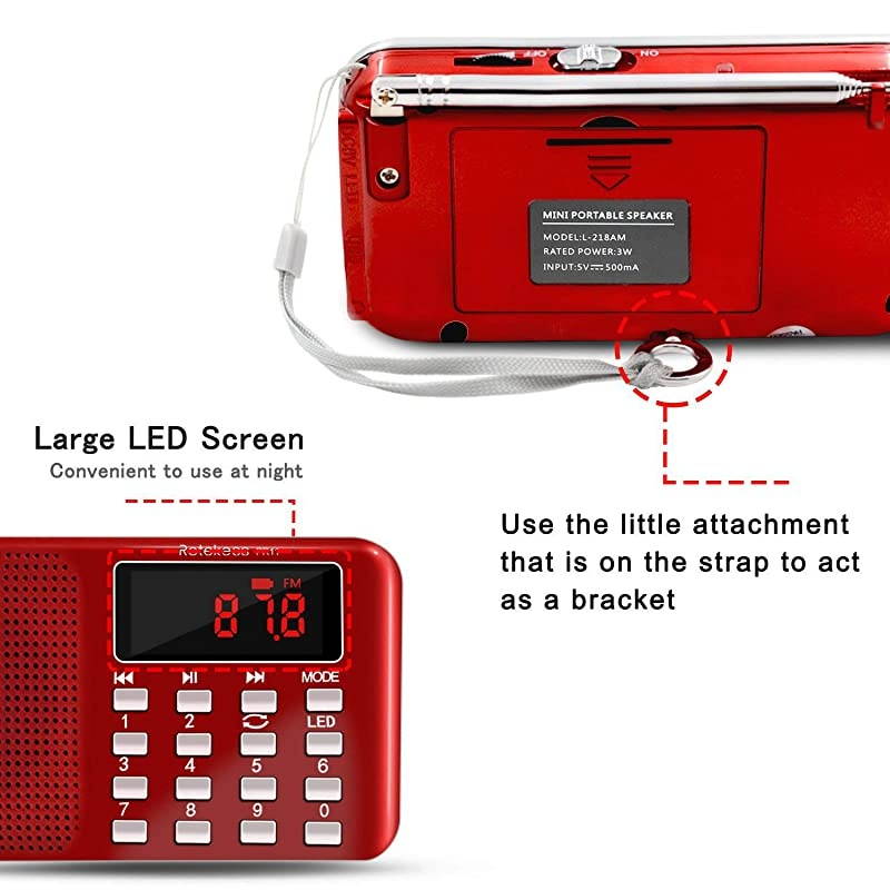 PR11 AM FM Radio Portable, Rechargeable Radio Digital Tuning, MP3 Music Player Speaker Support TF, AUX, USB Port(Red)