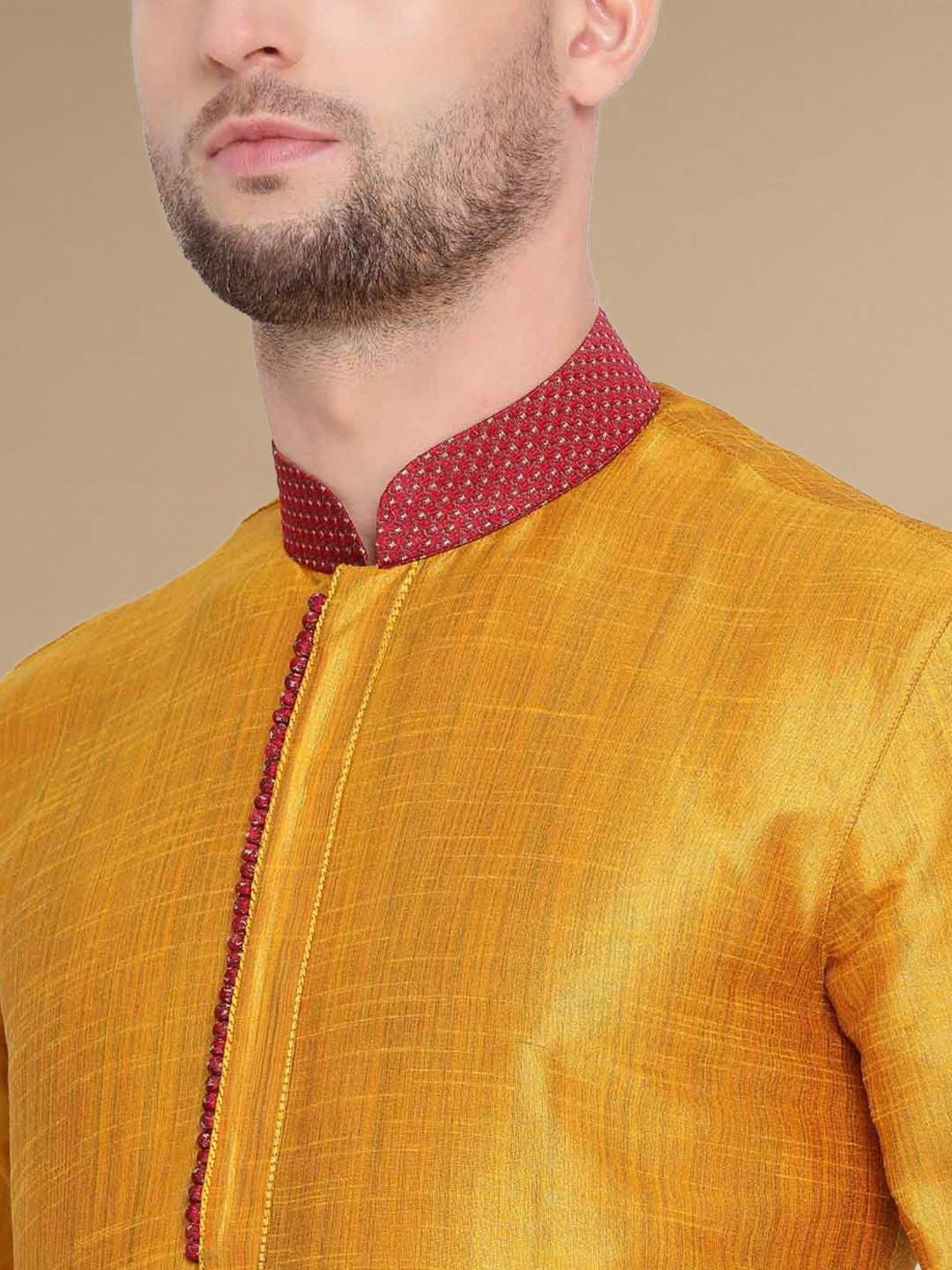 Sanwara Yellow & Red Cotton Regular Fit Texture Kurta Bottom Set