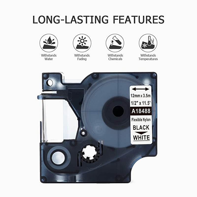 Compatible Label Tape Replacement for Dymo 18488 Industrial Labels Flexible Nylon Work with DYMO Rhino Pro LabelWriter Industrial Label Makers Black on White 12quot