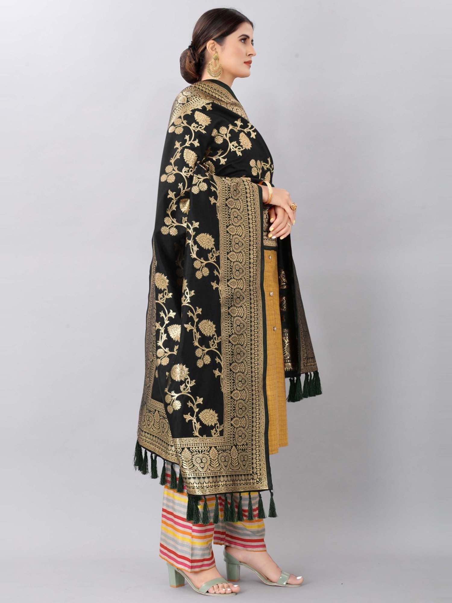 Silk Land Black Woven Pattern Dupatta