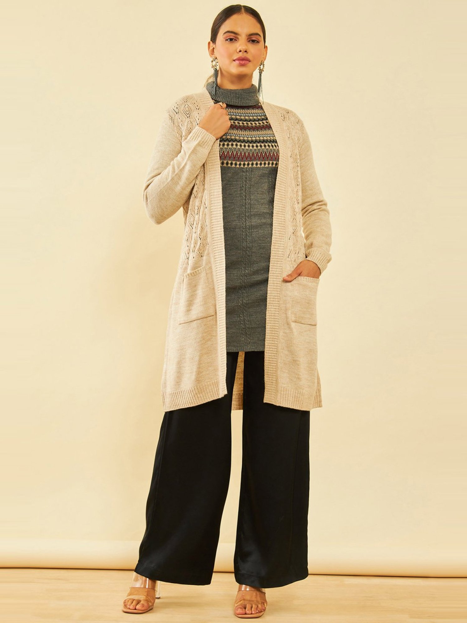 Soch Beige Acrylic Chevron Pattern Knitted Open-Front Longline Shrug