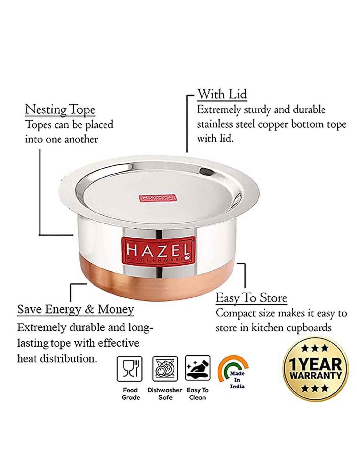 HAZEL Steel Copper Bottom Tope, Stainless Steel Tope Patila, Capacity 2400 ml