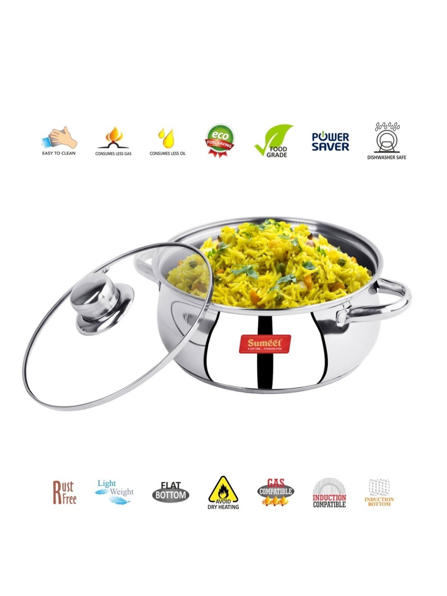 Sumeet Stainless Steel Induction Bottom Cook & Serve Casserole No.11(2Ltr) with Glass Lid-19.5cm Dia