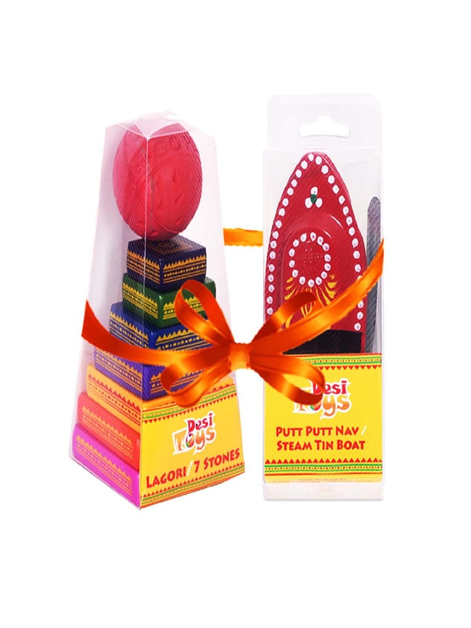 Desi Toys Kids Multicolor Wooden Steam Boat & Seven Stones Set