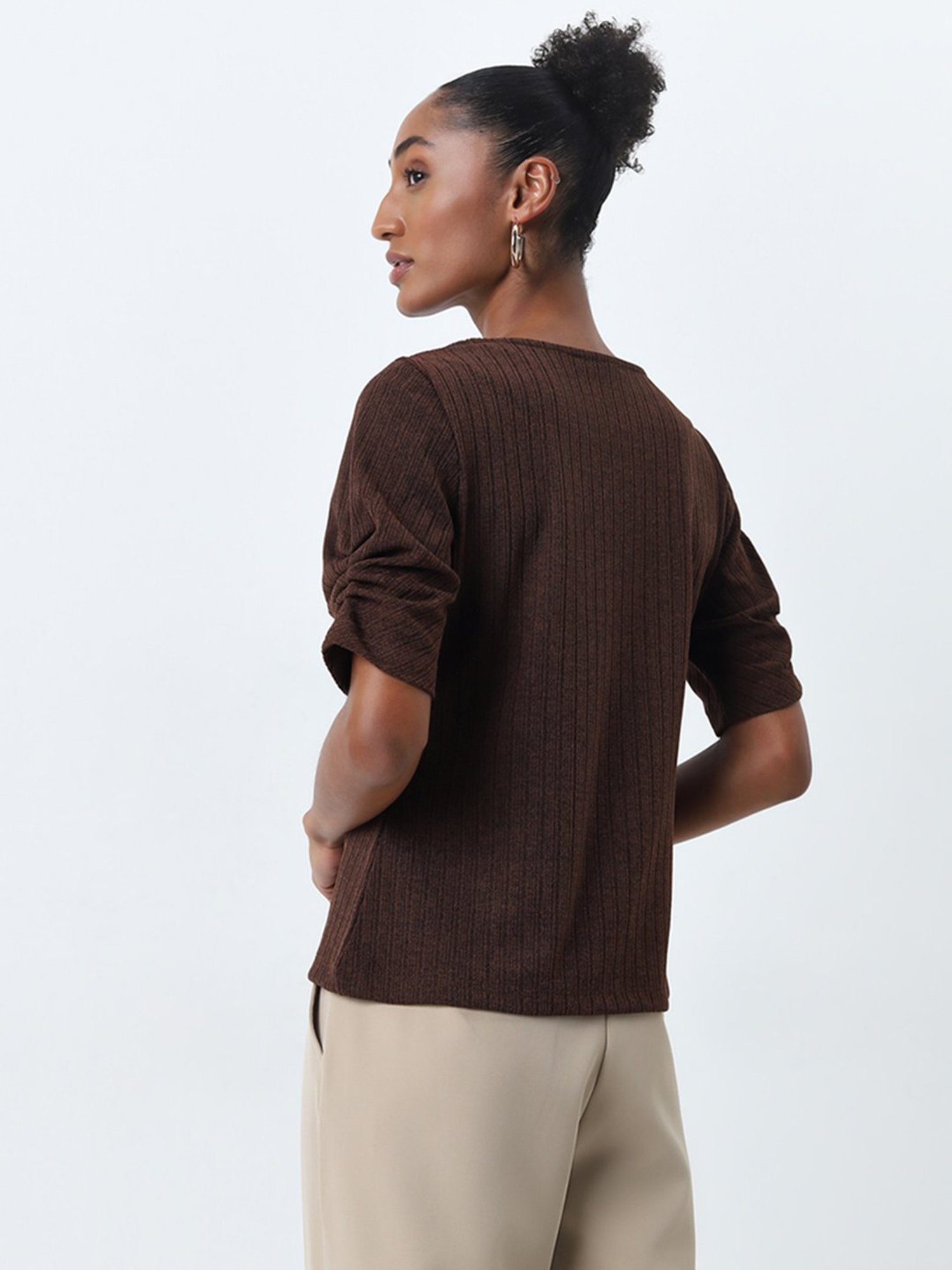 Wardrobe by Westside Brown Ribbed Textured Top