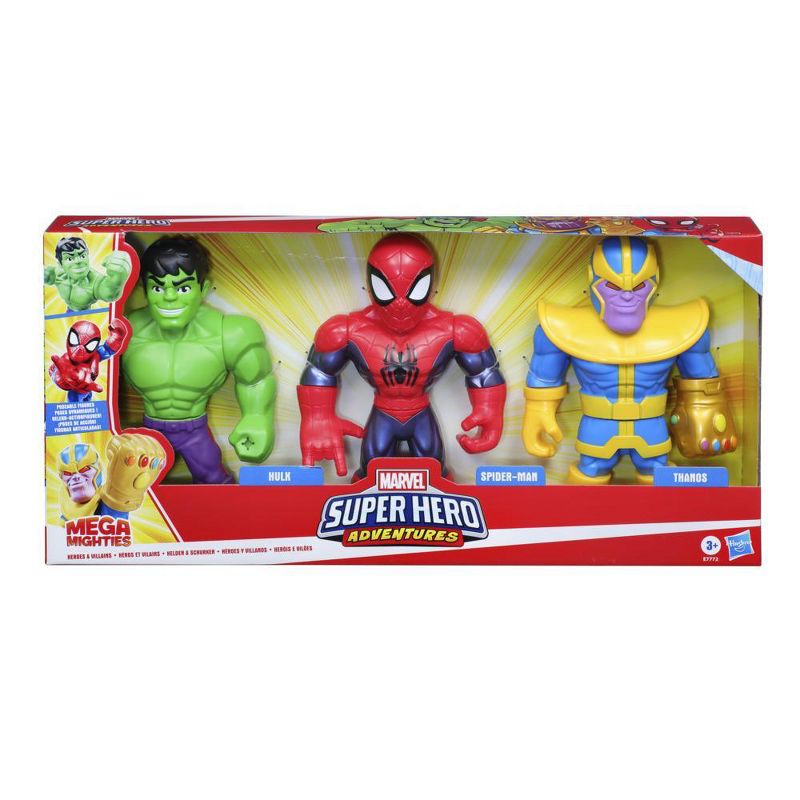 Playskool Heroes Marvel Super Hero Adventures Mega Mighties 10-Inch 3 Pack, Thanos, Spider-Man, Hulk, Ages 3 and Up