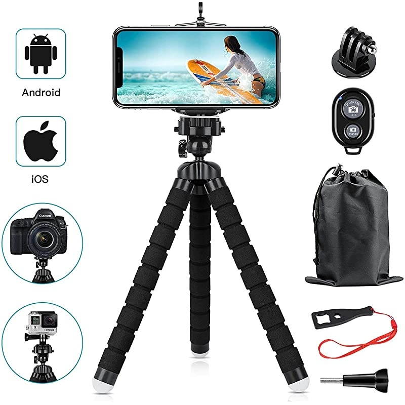 Phone Tripod, Flexible Cell Phone Selfie Stick Tripod Stand Camera Tripod Holder with Wireless Bluetooth Remote and Universal Clip for iPhone, Android Phone, Sports Camera GoPro