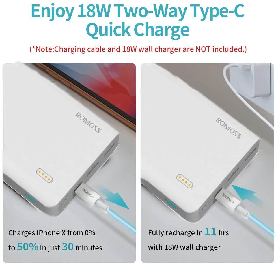 ROMOSS 26800mAh Power Bank Sense 8+, 18W PD USB C Portable Charger with 3 Outputs & 3 Inputs External Battery Pack Cell Phone Charger Battery Compatible with iPhone 11, Xs Max, iPad Pro and More