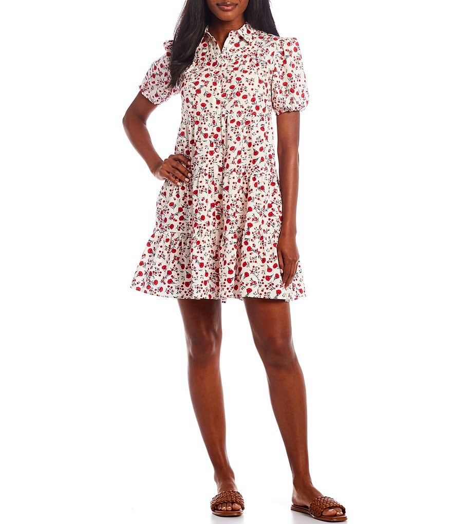 Eliza J Floral Print A Line Collar Short Sleeve Cotton Shirt Swing Dress