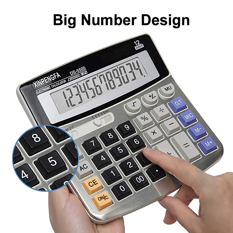 Office Calculator, Solar and Battery Dual Power, Metal Surface 12 Digit Calculators Large Display Big LCD,and Large Button
