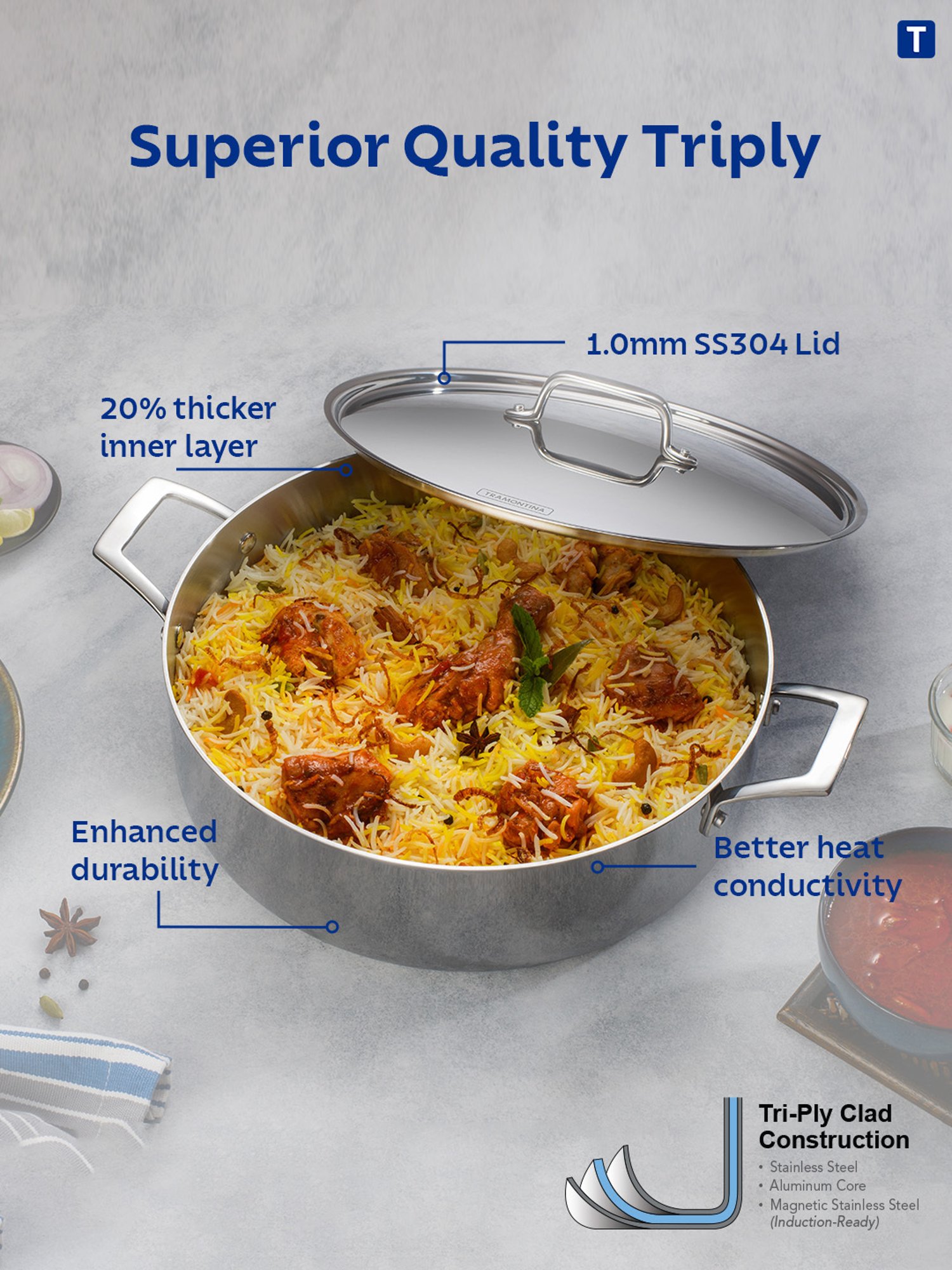 Tramontina Aeion Triply Non-Toxic Stainless Steel Casserole with Lid 20cm/3.1L NSF Certified