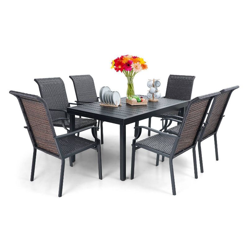 7pc Patio Dining Set with Rattan Arm Chairs & Rectangle Concertina Steel Table - Captiva Designs