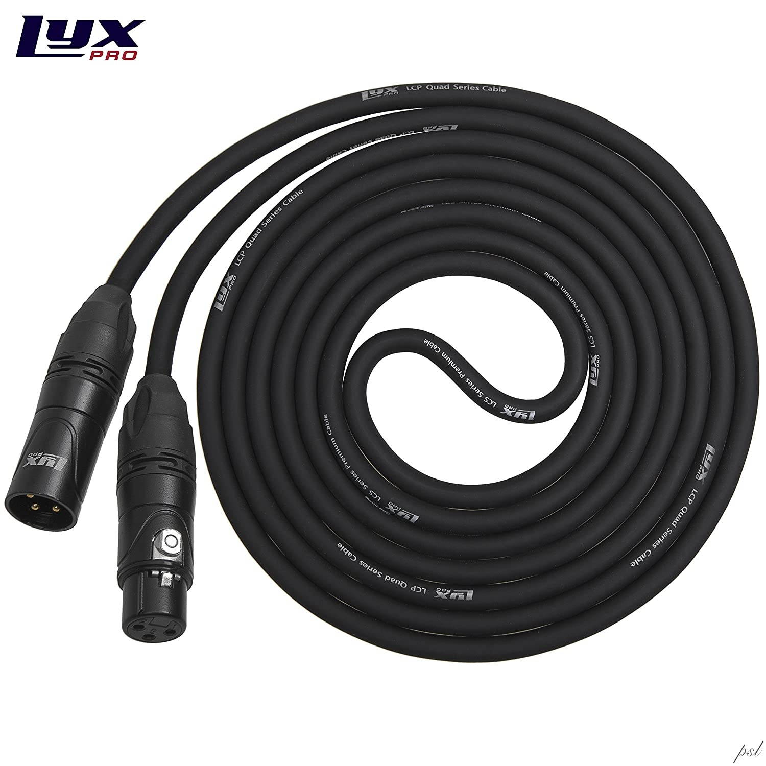 LyxPro Quad Series 50 ft XLR 4-Conductor Star Quad Balanced Microphone Cable for High End Quality and Sound Clarity, Extreme Low Noise, Black