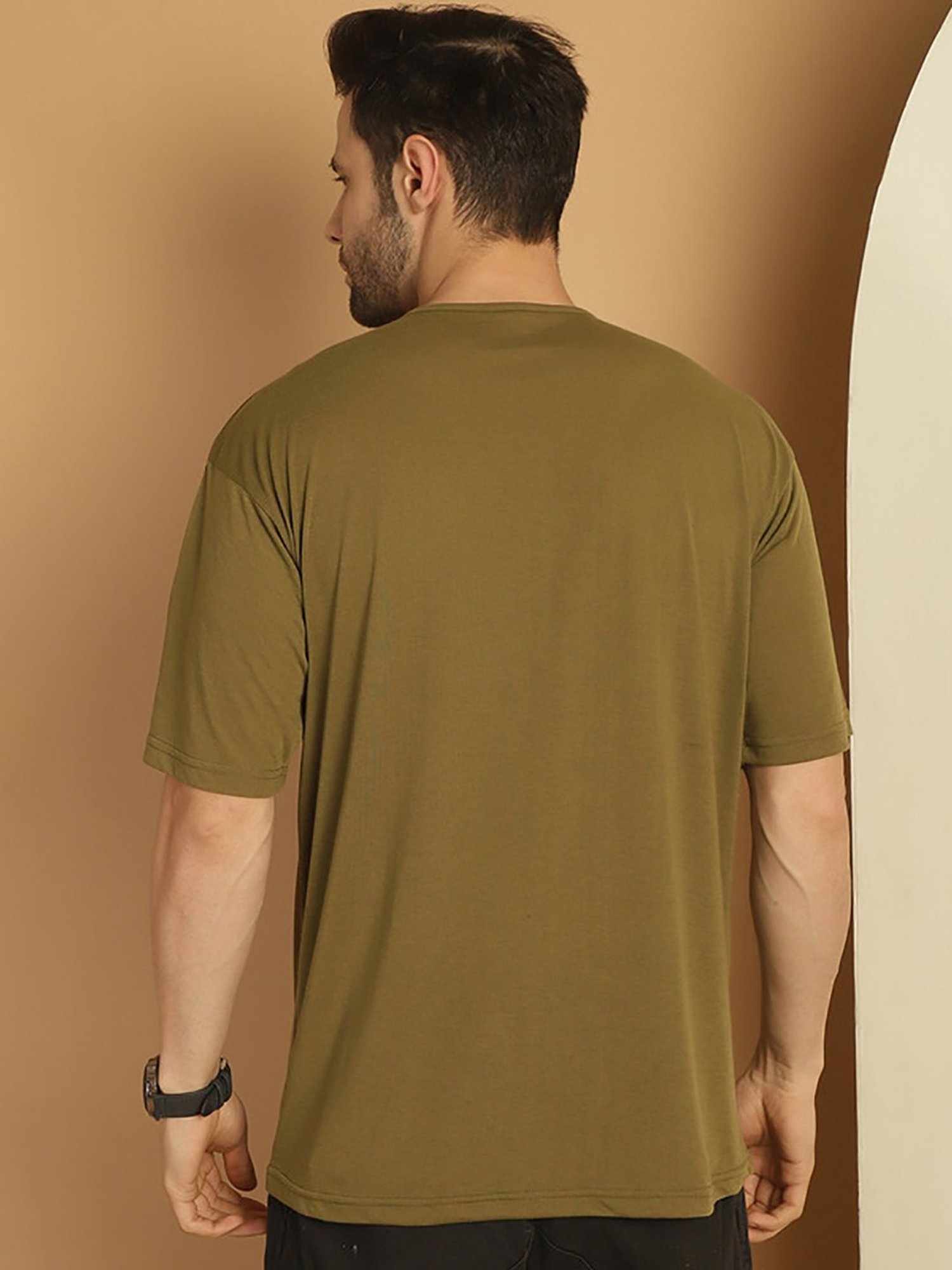 Vimal Jonney Olive Regular Fit Printed Oversized Crew T-Shirt
