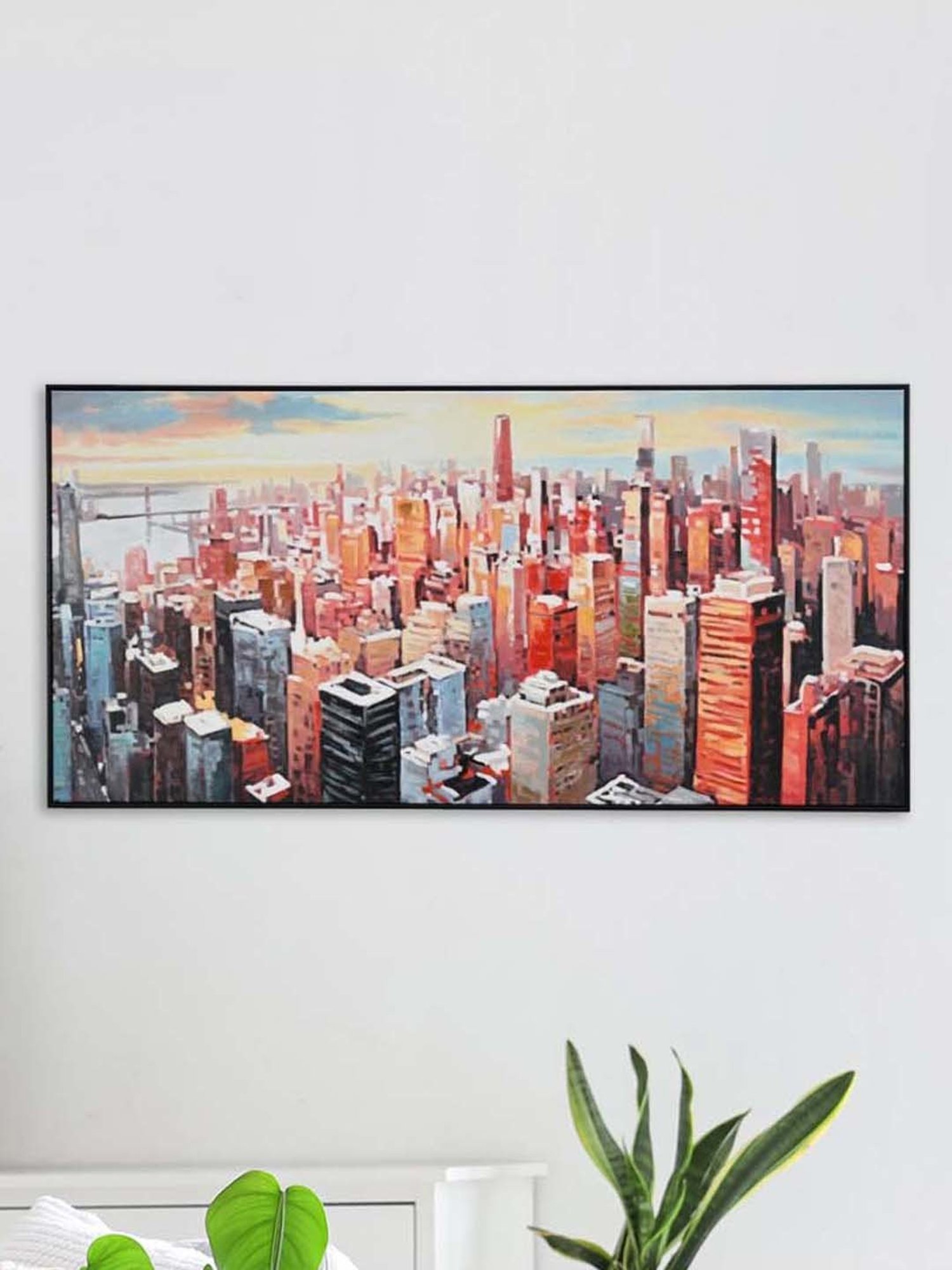 @home Red Canvas Cityscape Wall Painting