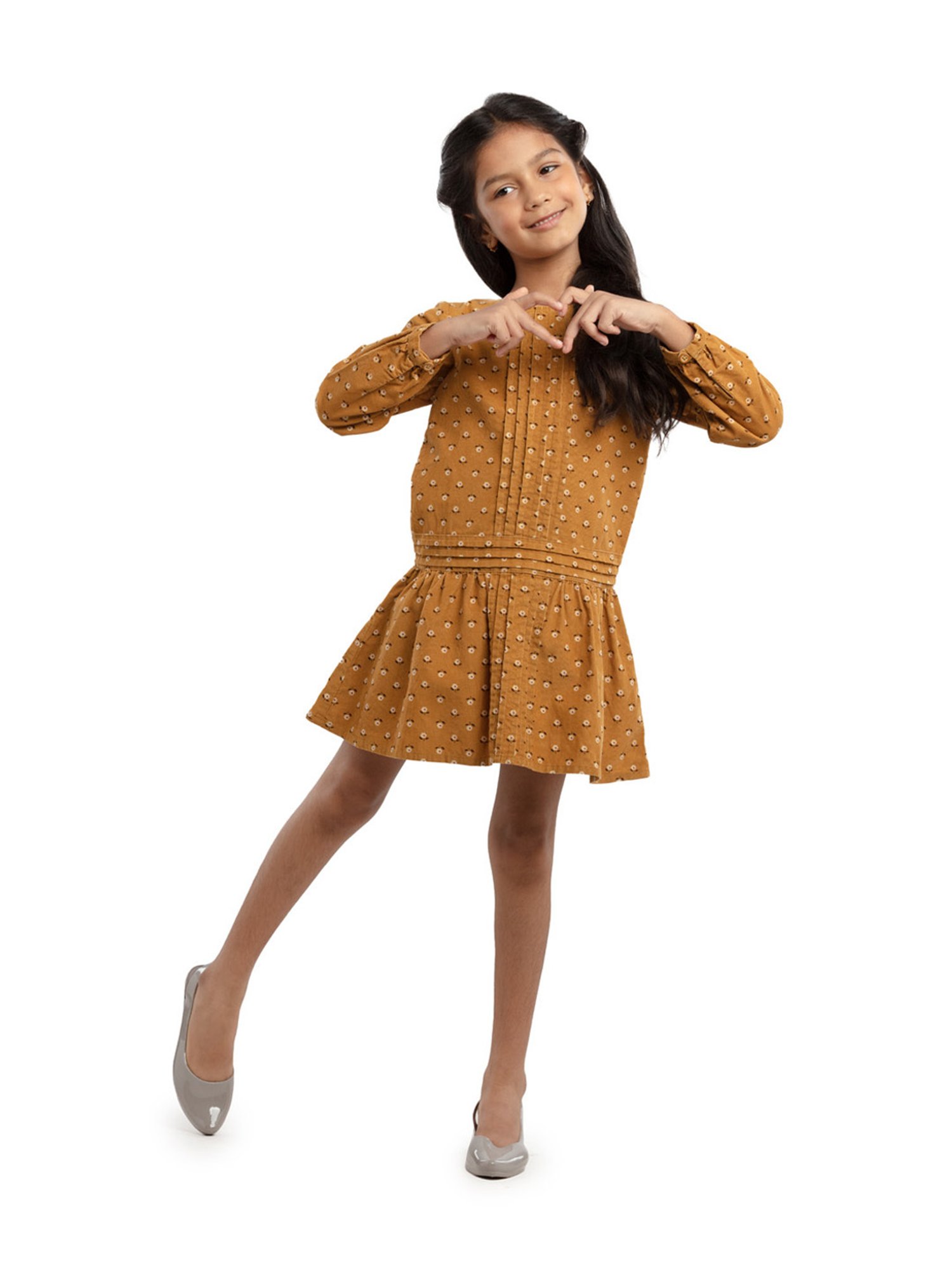 Under Fourteen Only Kids Yellow Floral Print Full Sleeves Dress