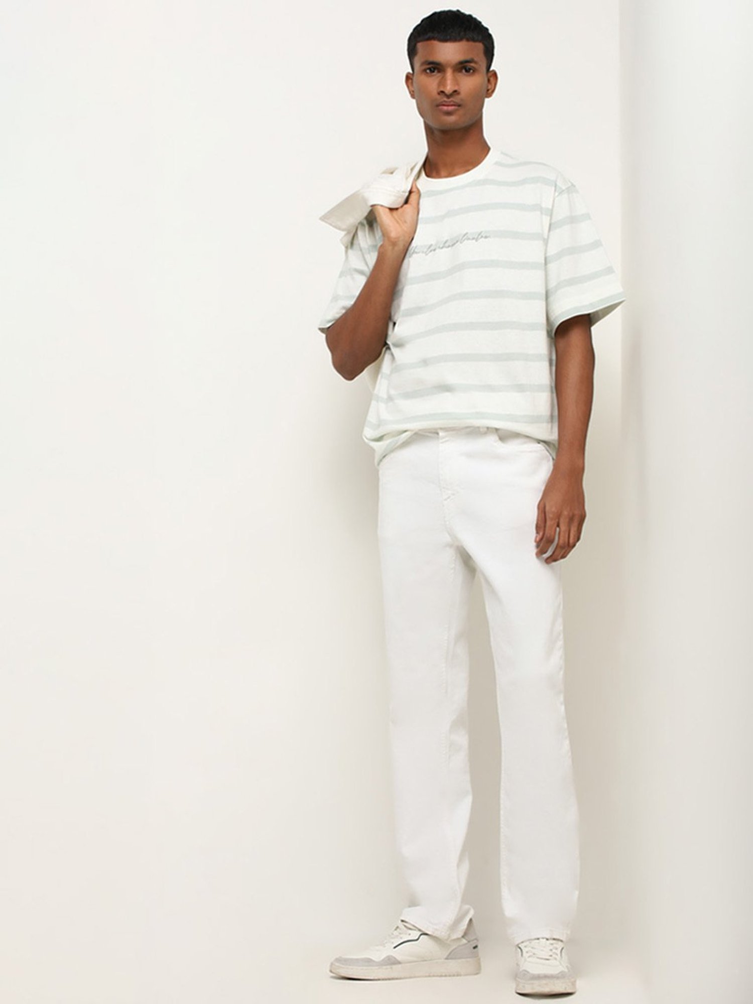 Nuon by Westside Sage Stripe Pattern Relaxed-Fit Cotton T-Shirt