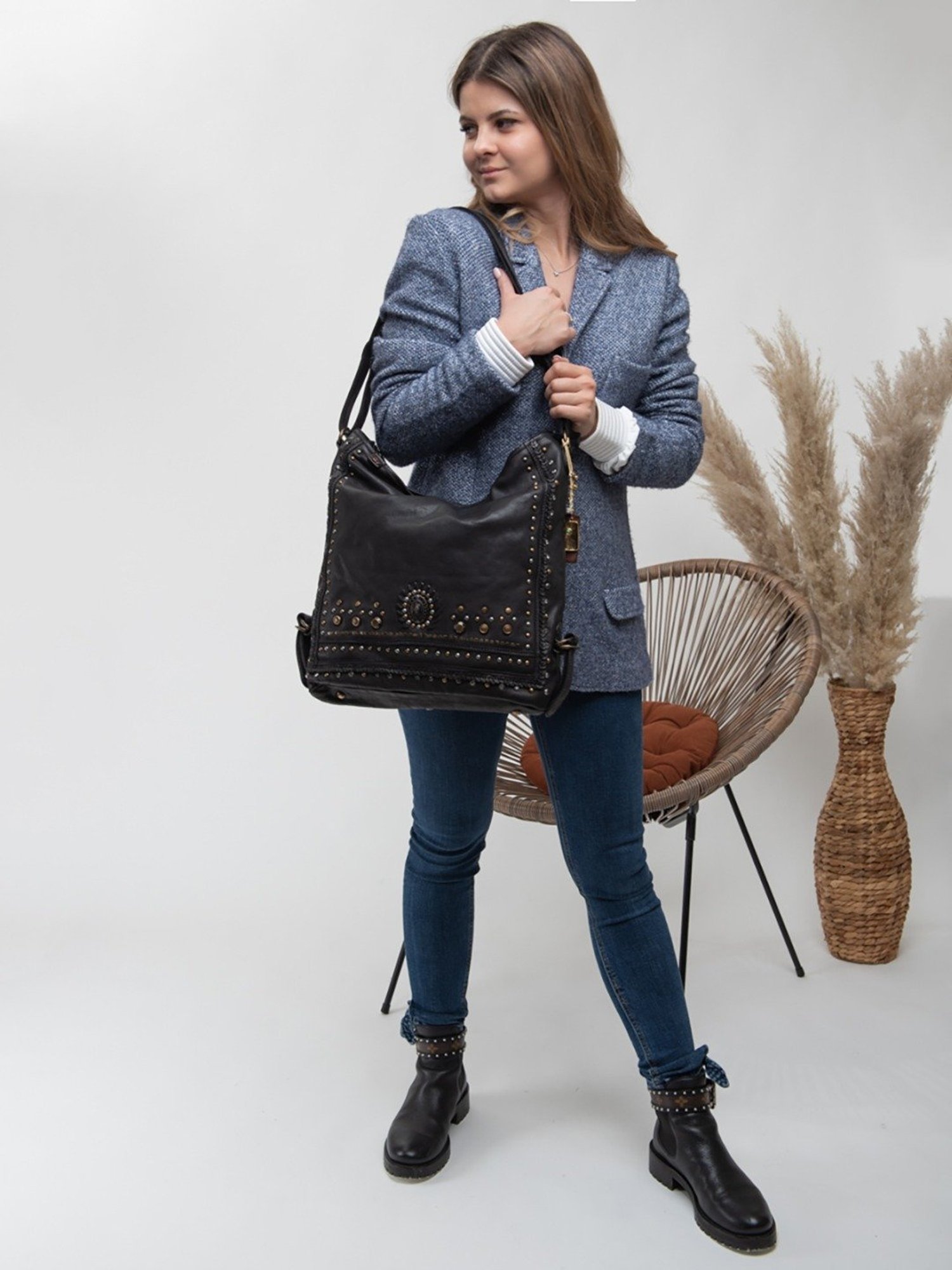 Art N Vintage Savio Black Leather Embellished Medium Sling Handbag