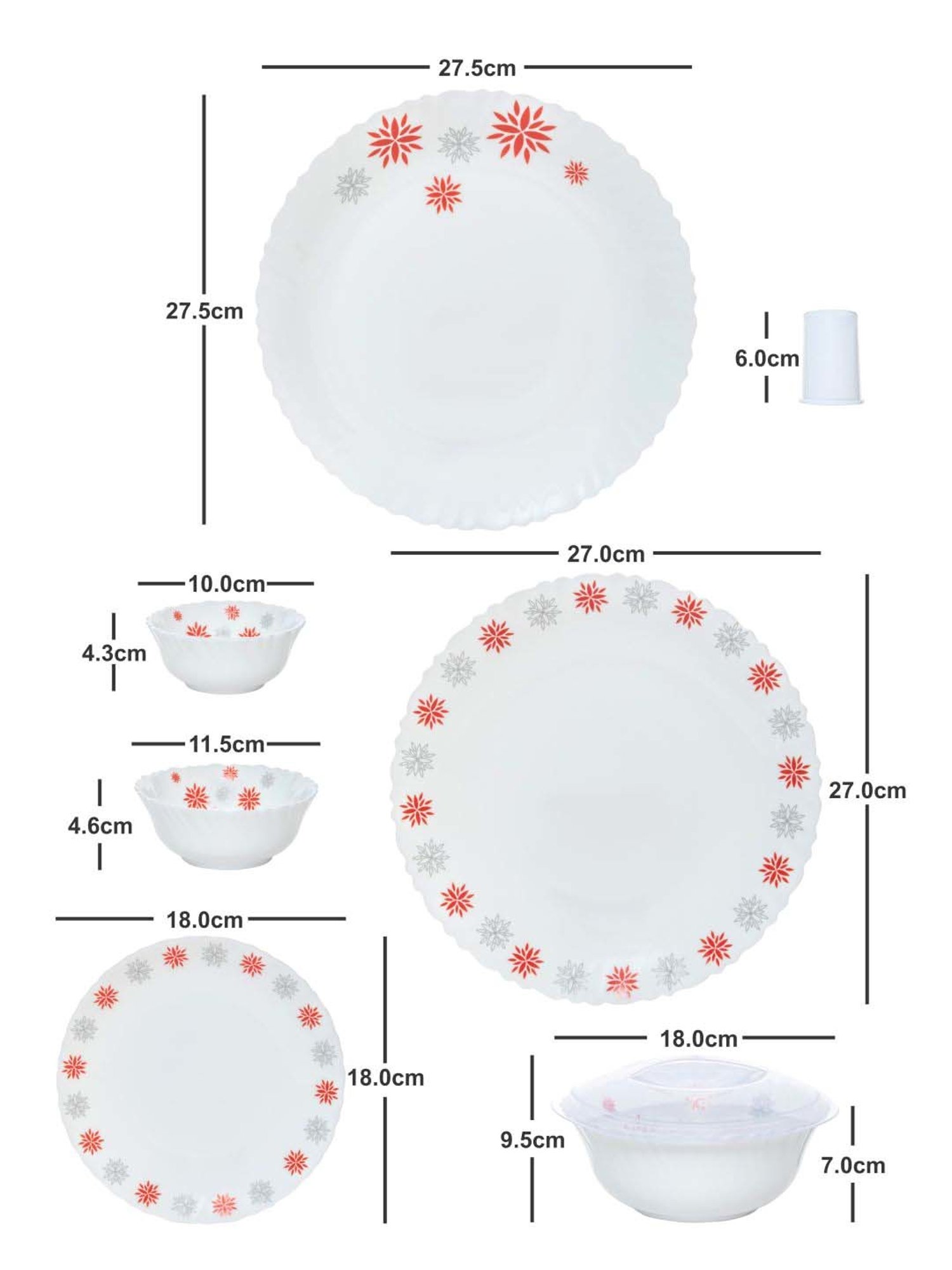 Cello White & Red Glass Dinner Set