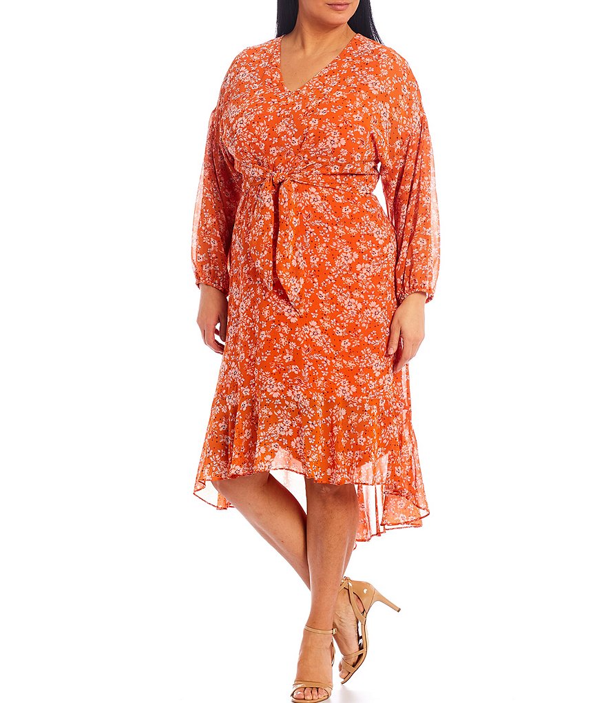 London Times Plus Size V-Neck Long Sleeve Wild Flowers High Low Midi Dress