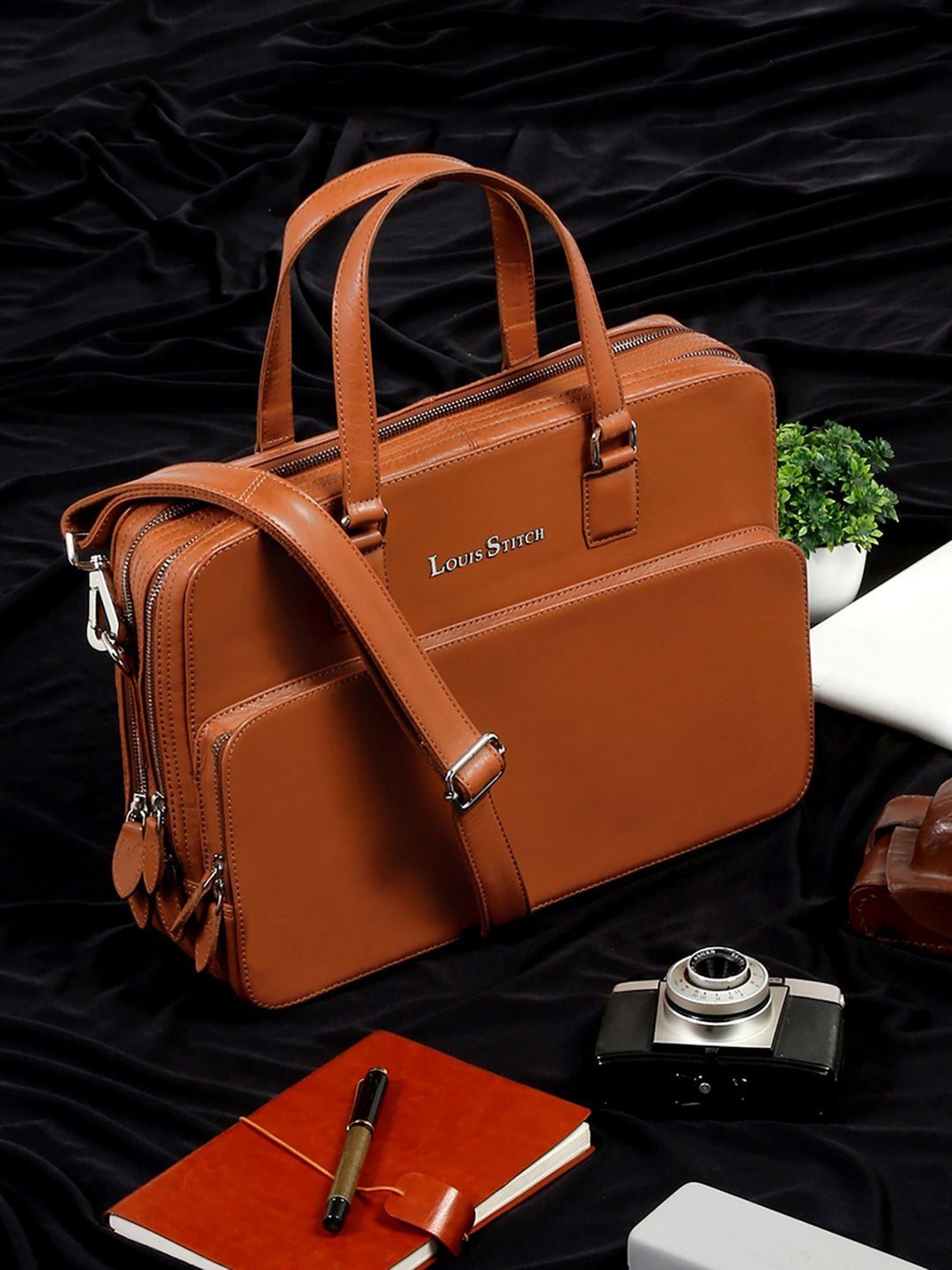 Louis Stitch Tan Leather Medium Multifunctional Executive Laptop Bag