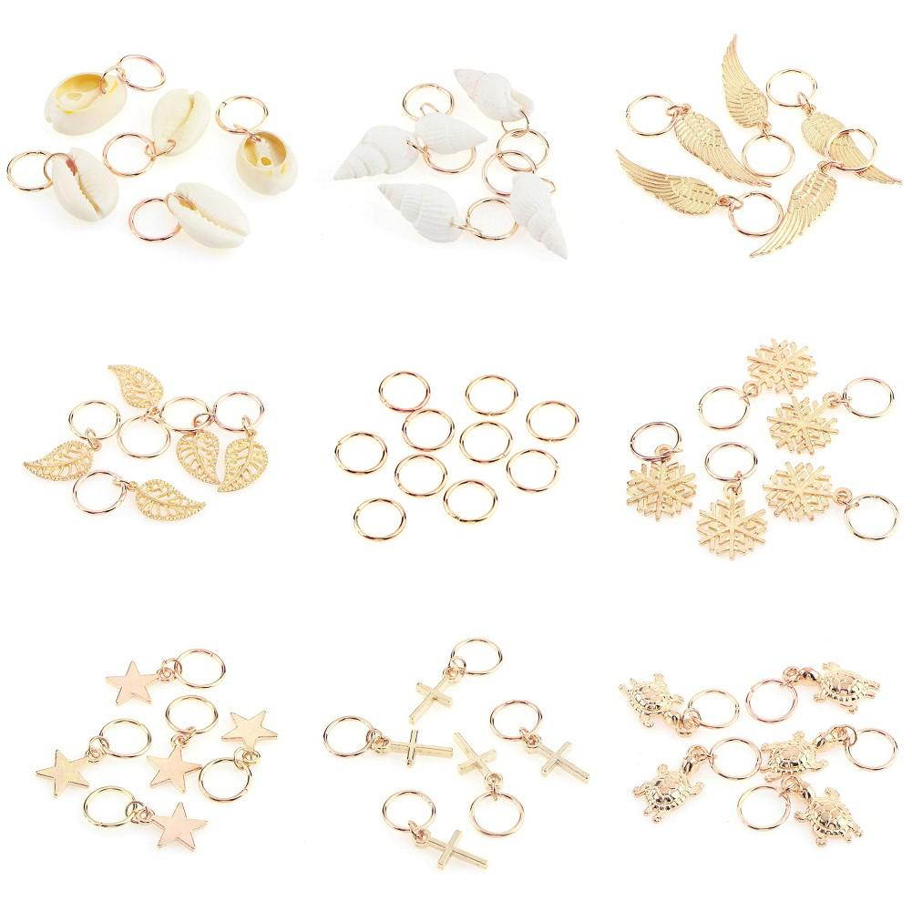 50 Pcs Gold Shell Hands Leaves Star Conch Snowflake Pendant Charms Rings Set Hair Clip Headband Accessories for Pierced Braid